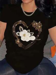 Round Neck T-Shirt With Heart-Shaped Floral Print For Summer Flowers 1 Butterfly Insect Print Casual Sweet Sexy Party Elegant None Appliques Beach Night Out Holiday Sporty Office Home Autumn Heart Graphic - 金色底黑色 - 查看 8