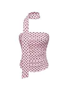 Camiseta ajustada casual de mujer con volantes y lunares, con lazo - Rosa - Ver 5