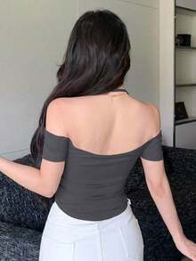 Camiseta de manga corta ajustada con cuello halter para mujeres para ir de fiesta, Tops cortos de verano para mujeres - Gris Oscuro - Ver 2