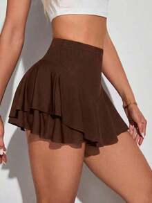 Tall Pantalón corto falda de punto de color liso para mujer, uso casual diario - Marrón - Ver 6