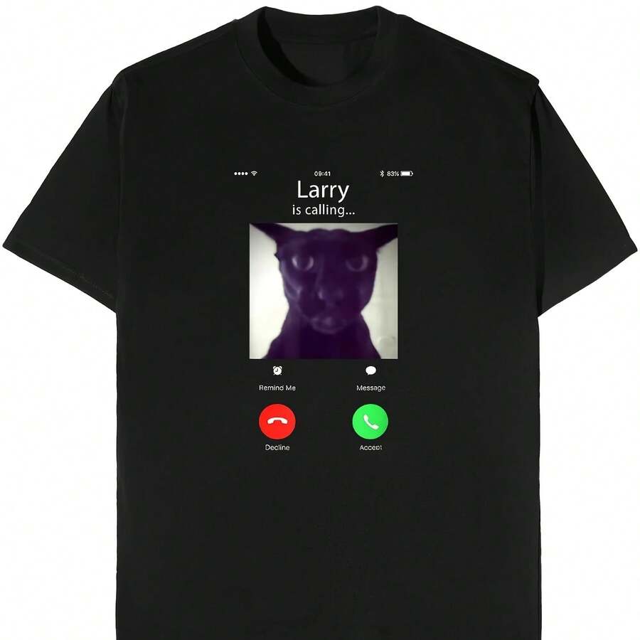Evil Larry Cat Graphic T-Shirt, Funny Casual Cotton T-Shirt With Larry Is Calling Print For Men And Women, Crew Neck By AJsuste Regular - 款式 - 查看 1