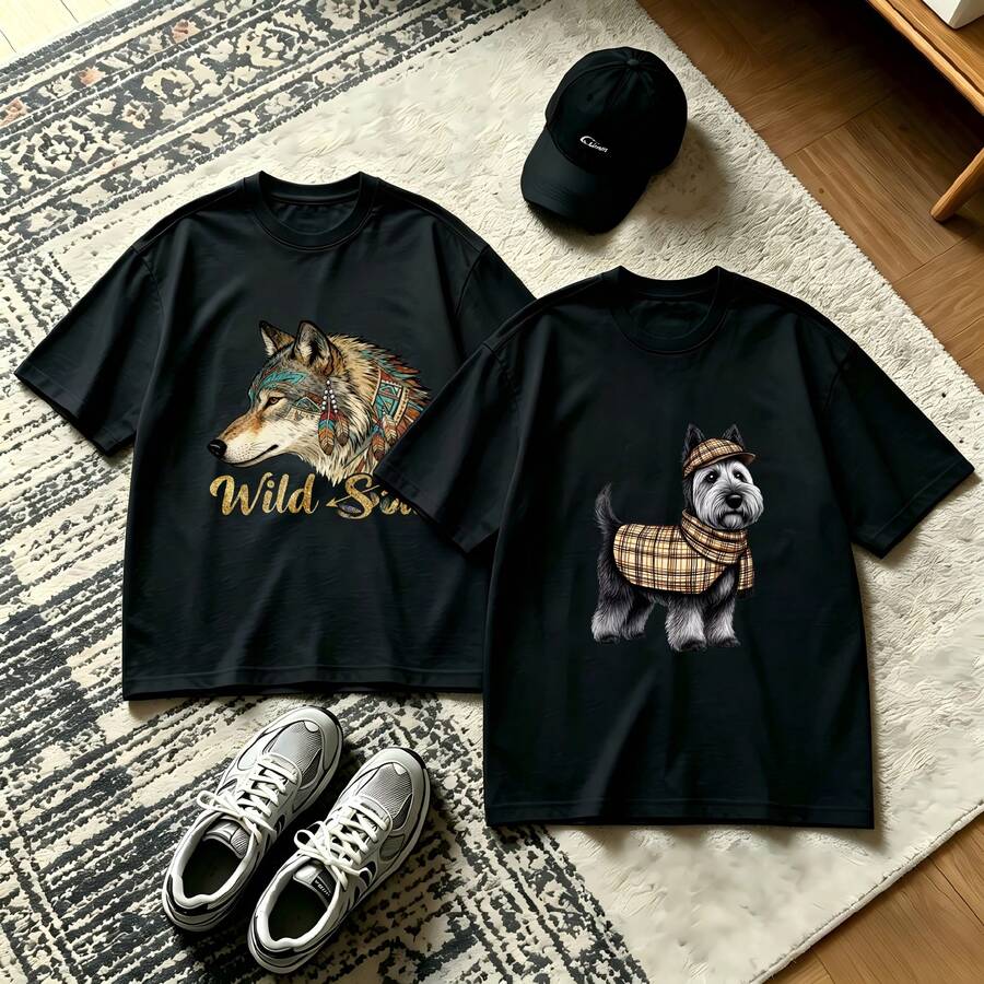 2-Piece Couple Matching Pattern T-Shirt, 100% Cotton, Loose Fit, Soft And Breathable, Casual Round Neck Short Sleeved Top Mardi Gras Dog With Beads And Glasses Right Between Your Ears Headphones Versatile Patterns No Picky Combinations Coordinated Dating Casual Travel Simple And Cartoonish - 黑色 - 查看 1