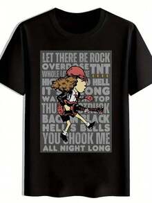 Camiseta gráfica de rock vintage para hombre - Camiseta de verano de manga corta con cuello redondo y estampado LET THERE BE ROCK, camiseta casual negra para fans de música, viajes, playa y regalos de vacaciones, camisetas de rock, ropa de fans de música, camisa de estilo retro, tejido de poliéster. - Negro - Ver 5
