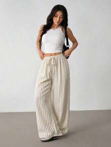 Pantalones casuales anchos de pierna ancha con cintura de corbata y rayas para mujer - Beis 2 - Ver 5