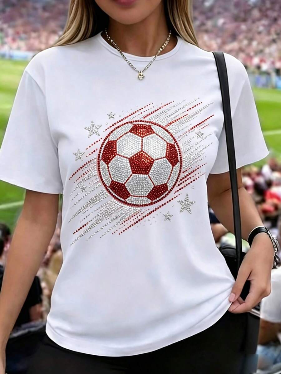 Camiseta de mujer de manga corta, estampado 2D de balón de fútbol con pedrería, cola de estrella fugaz en rojo y plateado, diseño brillante de cristales, cuello redondo casual - Blanco - Ver 1
