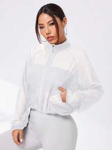 Chaqueta De Cuello Alto Deportiva Para Mujer Con Malla Transparente Y Bolsillos, Chaqueta Deportiva De Manga Larga Para Correr, Hacer Ejercicio Y Actividades Al Aire Libre - Blanco - Ver 3