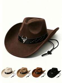 Unisex Faux Suede Western Cowboy Hat With Retro Long Horn Skull Rivet Leather Band, Adjustable Wind Rope, Vintage Cowboy Style For Outdoor, Festival, Travel, Daily Wear, Multi-Color For Men And Women - Suede Fat Cow Hat - View 7