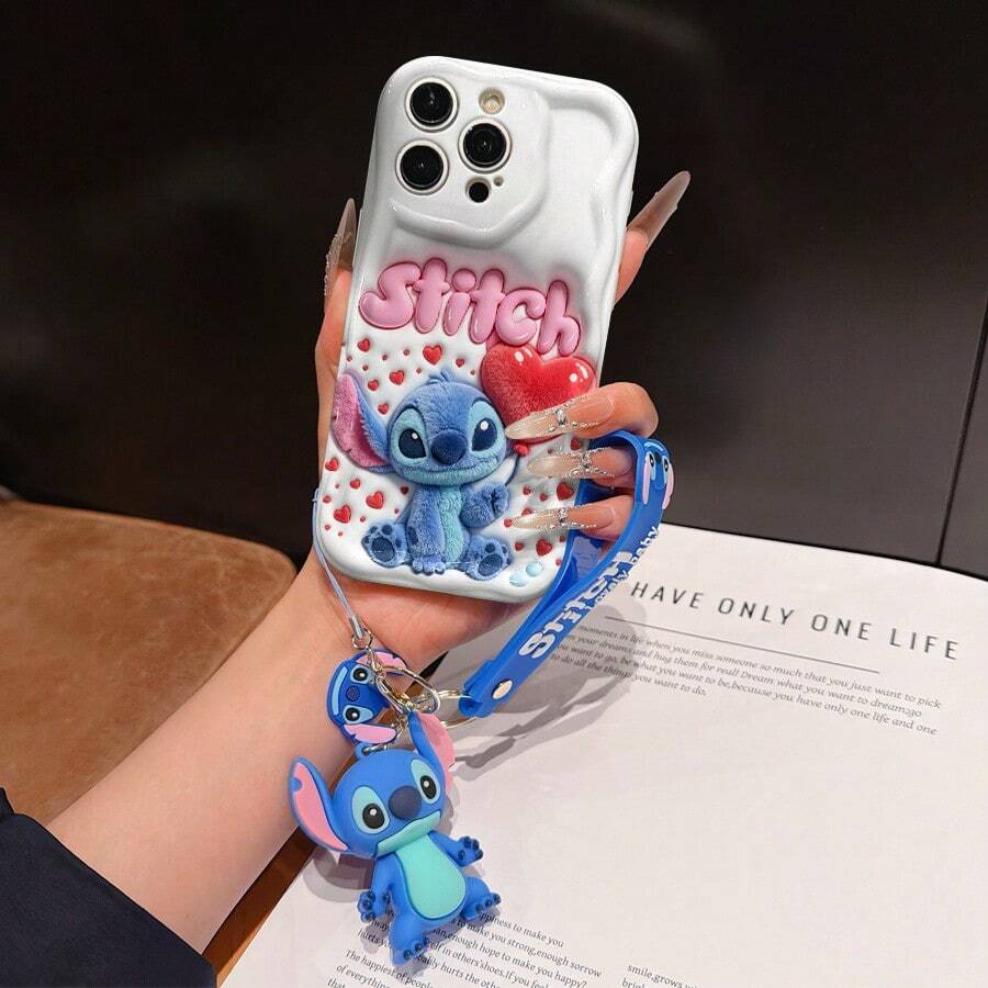 Disney Lilo And Stitch Phone Case : 3D Fluffy Pattern Border Protector Phone Soft Phone Case With A Free Cute Stitch Bracelet Chain Lanyard, Stitch, Lilo, Angel, For Apple 17 Promax 17 Pro 16 15 14 13 12 11 Pro Max XS Max X XR Soft Cover Summer Phone Case - 白色 - 查看 1