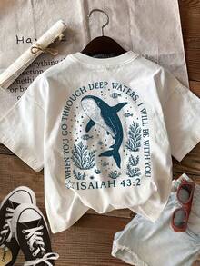 [Impresión a doble cara]Camiseta casual de verano para mujer, estilo vintage, con estampado de ballena, algas marinas y "WHEN YOU GO THROUGH DEEP", cuello redondo, camiseta de manga corta de algodón puro - Estilo vintage urbano, unisex, holgada, de algodón, con cuello redondo, blusas para mujer. blusas.blusas casuales para dama. - Blanco - Ver 2