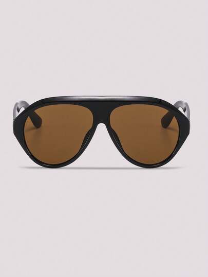Visivana Óculos femininos pretos oversized estilo aviador minimalista com armação em policarbonato, ideais para looks urbanos, férias, faculdade e volta às aulas. Armação em formato de escudo.