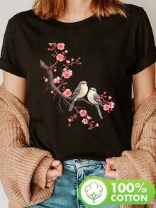 Women's Extra Large Oversized Casual T-Shirt With Adorable Fat Bird And Cherry Blossom Print - Short Sleeve, Crew Neck, Lightweight And Stretchy, Perfect For Spring And Summer, Casual Spring Top With Fun Print And Comfortable Fit, Ladies' T-Shirts - 黑色 - 查看 1
