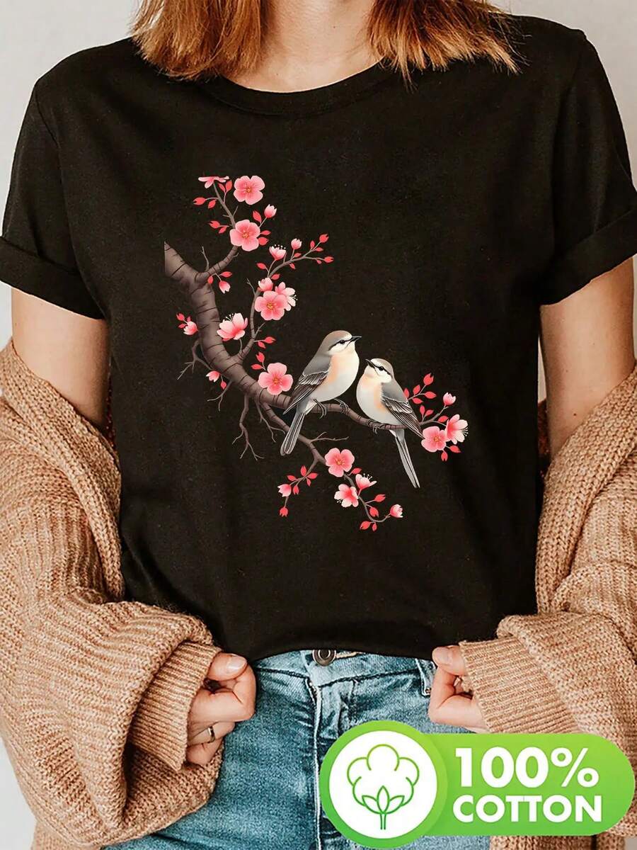 Women's Extra Large Oversized Casual T-Shirt With Adorable Fat Bird And Cherry Blossom Print - Short Sleeve, Crew Neck, Lightweight And Stretchy, Perfect For Spring And Summer, Casual Spring Top With Fun Print And Comfortable Fit, Ladies' T-Shirts - 黑色 - 查看 1