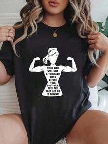 2026100% Algodón, Camiseta Gráfica para Mujer, Motivación para Gimnasio, Regalo para Amantes del Fitness, Camiseta Casual de Algodón con Estampado, Camiseta de Verano para Mujer, Camiseta de Manga Corta, Cuello Redondo, Tela Suave y Transpirable, Camiseta Estampada para Mujer. - Negro - Ver 7