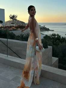 Vestido largo de playa estilo vacacional, estampado, corte holgado, cuello halter y espalda descubierta, estilo europeo y americano. - Multicolor - Ver 6
