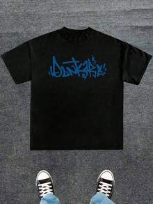 Men's Graphic T-Shirt, Unique Urban Style In Blue And Black, "Hustle For Love" Print, Vintage Statue Design, Casual Summer T-Shirt, Short Sleeve With Round Neck, Soft And Comfortable Cotton Blend, Perfect Gift For Him. - 黑色 - 查看 2