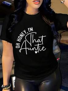 Women's Funny "Oh Dear I'm That Auntie" Slogan T-Shirt - Bright Pink Casual Crew Neck Top With White Lettering & Heart Design, Machine Washable Humorous Gift For Aunties, Spring Summer Fall Casual Attire - 黑色 - 查看 1