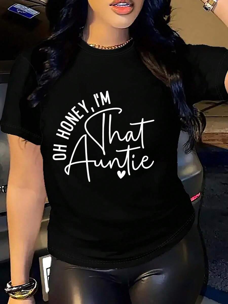 Women's Funny "Oh Dear I'm That Auntie" Slogan T-Shirt - Bright Pink Casual Crew Neck Top With White Lettering & Heart Design, Machine Washable Humorous Gift For Aunties, Spring Summer Fall Casual Attire - 黑色 - 查看 1