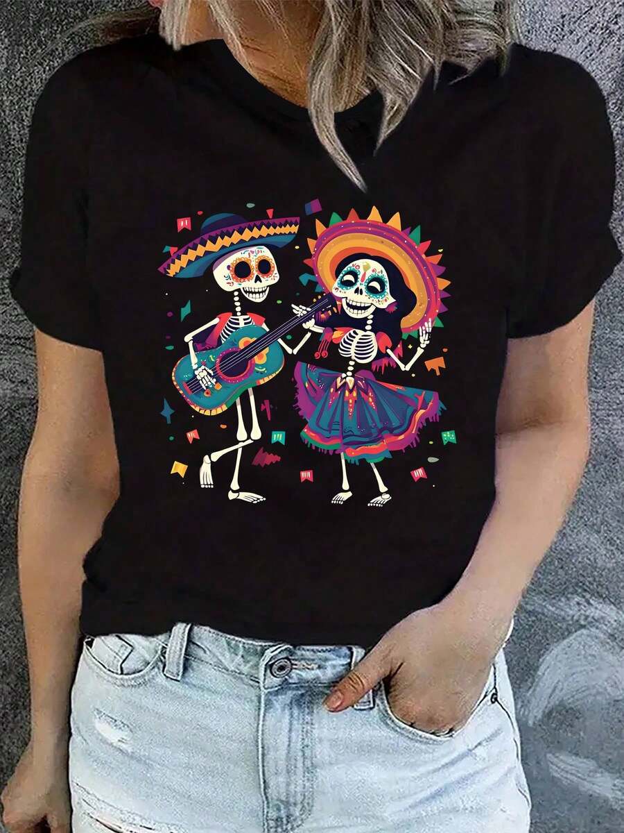 Women's Plus Size Casual T-Shirt With Vibrant Day Of The Dead Skeleton Print, Crew Neck, Short Sleeve Top For Spring And Summer, Everyday Wear T-Shirt | Bold Graphic Tee | Comfortable - 黑色 - 查看 1