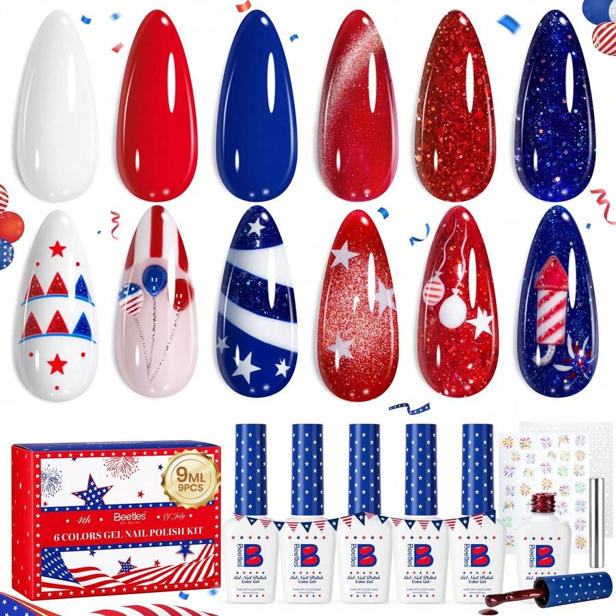Beetles 6Colors 4th Of July Gel Nail Polish Set, Red White Blue Cat Eye Glitter Gel Nail Polish, Soak Off UV LED Independence Day Nail Art DIY Manicure - 6 Color Red White Blue Gel Nail Polish - 查看 1