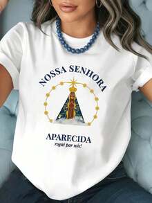 Nuestra Señora Aparecida, ruega por nosotros.Camiseta de mujer con cuello redondo y un elegante diseño estampado casual - Blanco - Ver 6