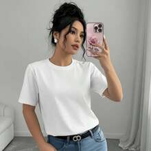 FASHIOGIRL 1PC Camiseta Básica de Algodón para Mujer, Talla, Negra, Manga Corta, Cuello Redondo, Corte Ajustado, Estilo Casual, Color Sólido, para Uso Diario, Camiseta de Moda, Camiseta Casual y Elegante para Mujer, Estampada, Transpirable, Adecuada para Deportes al Aire Libre, Uso Diario, Regalos de Cumpleaños, Regalos de Navidad, Regalos de Halloween, o como Camiseta Conmemorativa para Amigos o Seres Queridos. También Apto Como Suéter, Entrega Rápida - Blanco - Ver 1