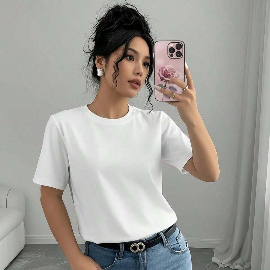 FASHIOGIRL 1PC Camiseta Básica de Algodón para Mujer, Talla, Negra, Manga Corta, Cuello Redondo, Corte Ajustado, Estilo Casual, Color Sólido, para Uso Diario, Camiseta de Moda, Camiseta Casual y Elegante para Mujer, Estampada, Transpirable, Adecuada para Deportes al Aire Libre, Uso Diario, Regalos de Cumpleaños, Regalos de Navidad, Regalos de Halloween, o como Camiseta Conmemorativa para Amigos o Seres Queridos. También Apto Como Suéter, Entrega Rápida - Blanco - Ver 1