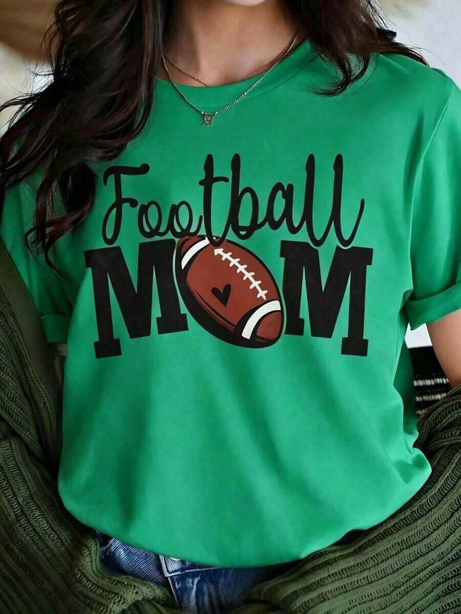 short-sleevePlayera Blanca de Mujer con Gráfico de "Football MOM" y Detalle de Corazón, Camiseta Deportiva de Fútbol Americano de Manga Corta, Top Lindo para Día de Juego, Blusa Casual de Mamá Futbolera para Eventos Escolares Blusas Bonito 100% Cotton100% Cotton - Verde - Ver 1