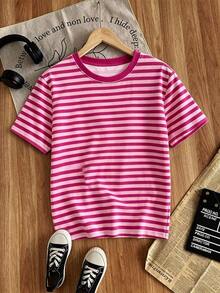 Women's Casual Summer T-Shirt With Round Neck And Striped Pattern, Bright Pink Color, Loose Fit And Short Sleeves, For Casual Wear, Vacation And Everyday Use - 彩色 - 查看 2