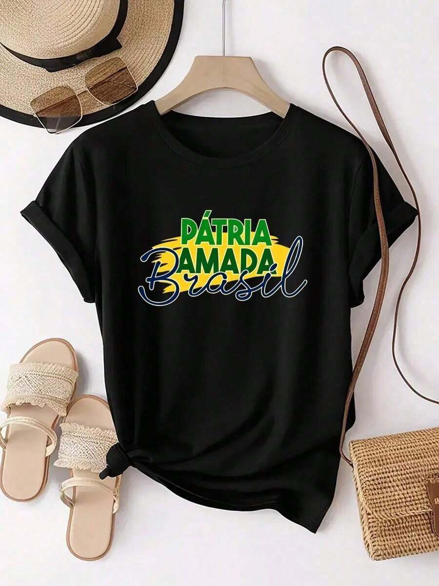 Women's Casual Top. "BELOVED HOMELAND Brazil" Patriotic Print Design, Custom Print, Fashionable Short Sleeve Crew Neck Sports T-Shirt For Everyday Wear, Comfortable Women's Top. A Must-Have For Casual Daily Wear: Short Sleeve T-Shirt. - 黑色 - 查看 1