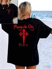 Red Symbol Inspired By Inner Strength And The Spiritual Connection Of The Path Towards New Horizons With Artistic Lettering That Evokes Freedom In Contrasting Tones. Women's T-Shirt With Elegant Double Print For Casual And Urban Use - 黑色 - 查看 1