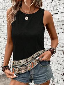 Camiseta de tirantes holgada de verano para mujer, estampado de patrón de correa de mezclilla, elegante y versátil, apta para uso casual, vacaciones y paseos, con un estilo minimalista y retro - Multicolor 4 - Ver 3