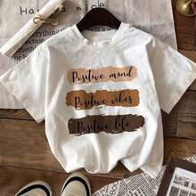 Women's Casual Crew Neck Sports T-Shirt With Inspirational Letter Print And Contrasting Colors Design - Breathable White T-Shirt For Spring And Summer, Machine Washable, Short Sleeve Women's T-Shirt With Positive Message Graphic. - 白色 - 查看 6
