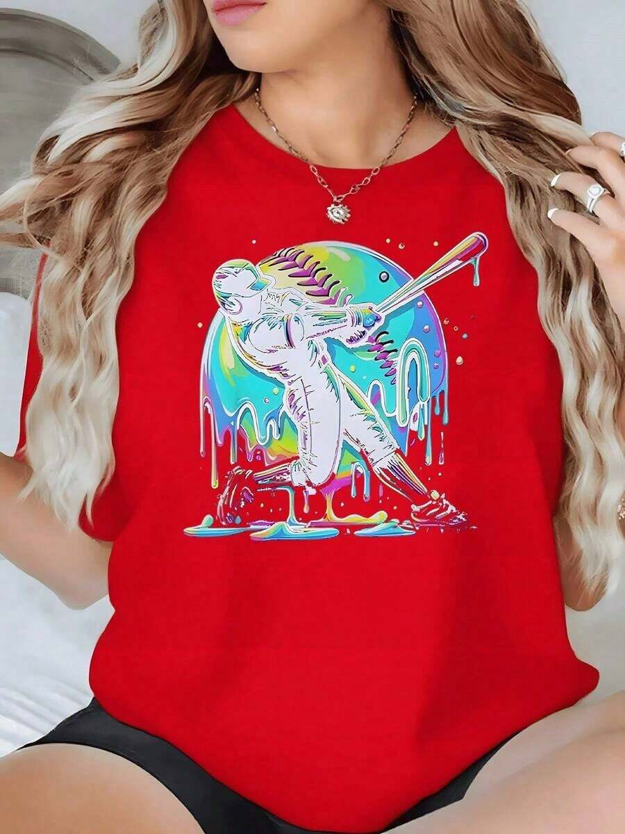 Colorful Figure Of A Baseball Player Hitting A Ball On A Background Symbolizing Energy And Passion For The Sport. Women's T-Shirt, 100% High-Quality Cotton, Casual And Modern. - 紅色的 - 查看 1
