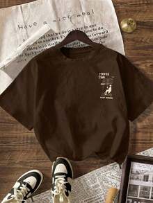 Camiseta con Estampado Coffee Club, Camiseta Casual de Manga Corta y Cuello Redondo para Mujer, para Primavera y Verano - Marrón - Ver 3