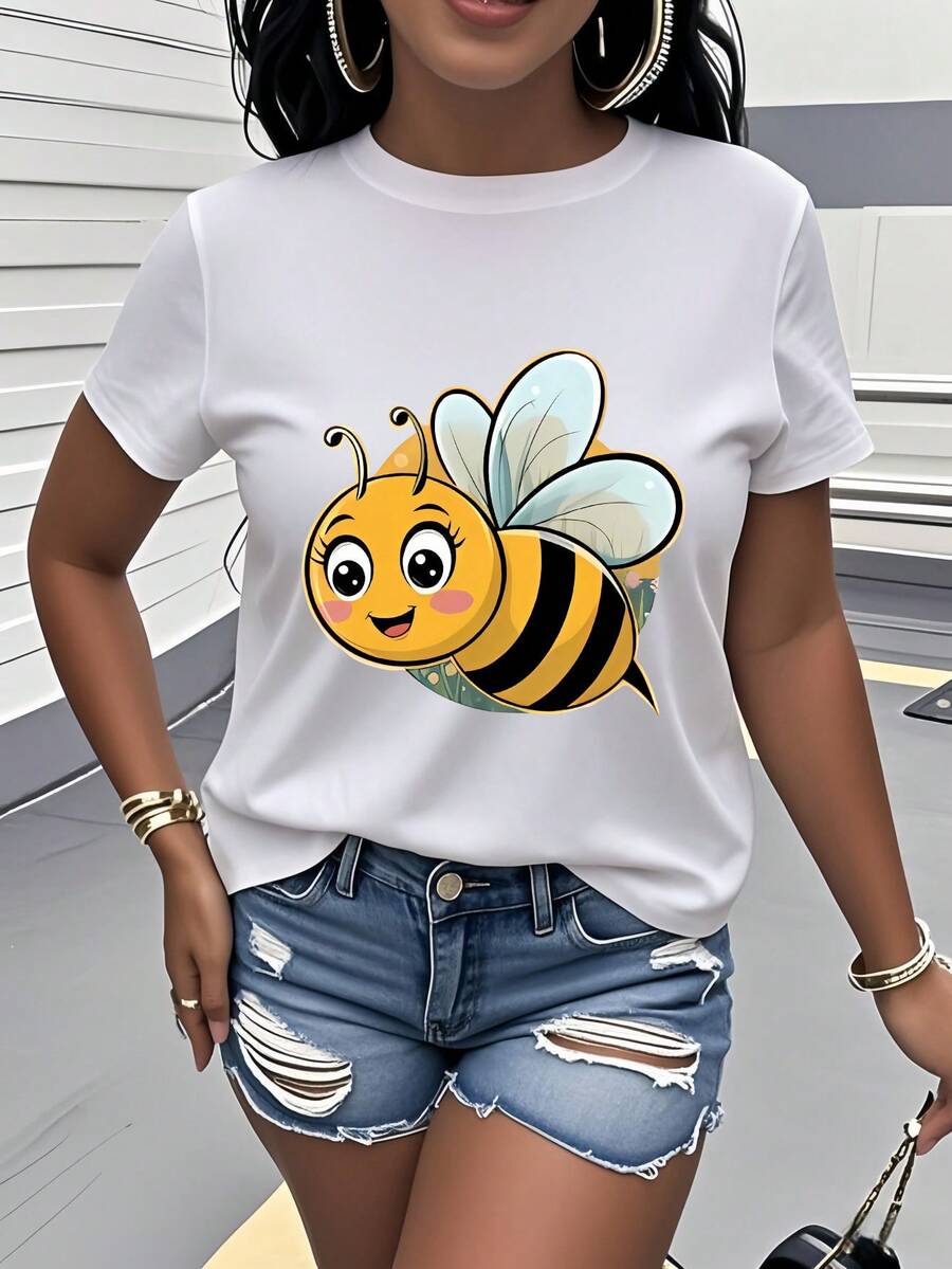 Camiseta de mujer de algodón puro, estilo casual holgado, con estampado de abeja de dibujos animados, manga corta y cuello redondo, diseño de cara sonriente, alas a rayas amarillas y negras, alegre y vibrante, adecuada para uso diario informal, estilo universitario, regalo para el Día de la Madre, celebración del Día del Niño, ropa exterior para protección solar, ideal para ir al trabajo y citas. - Blanco - Ver 1