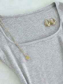 Camiseta ajustada casual de mujer con cuello cuadrado y mangas cortas de unicolor - Gris - Ver 5