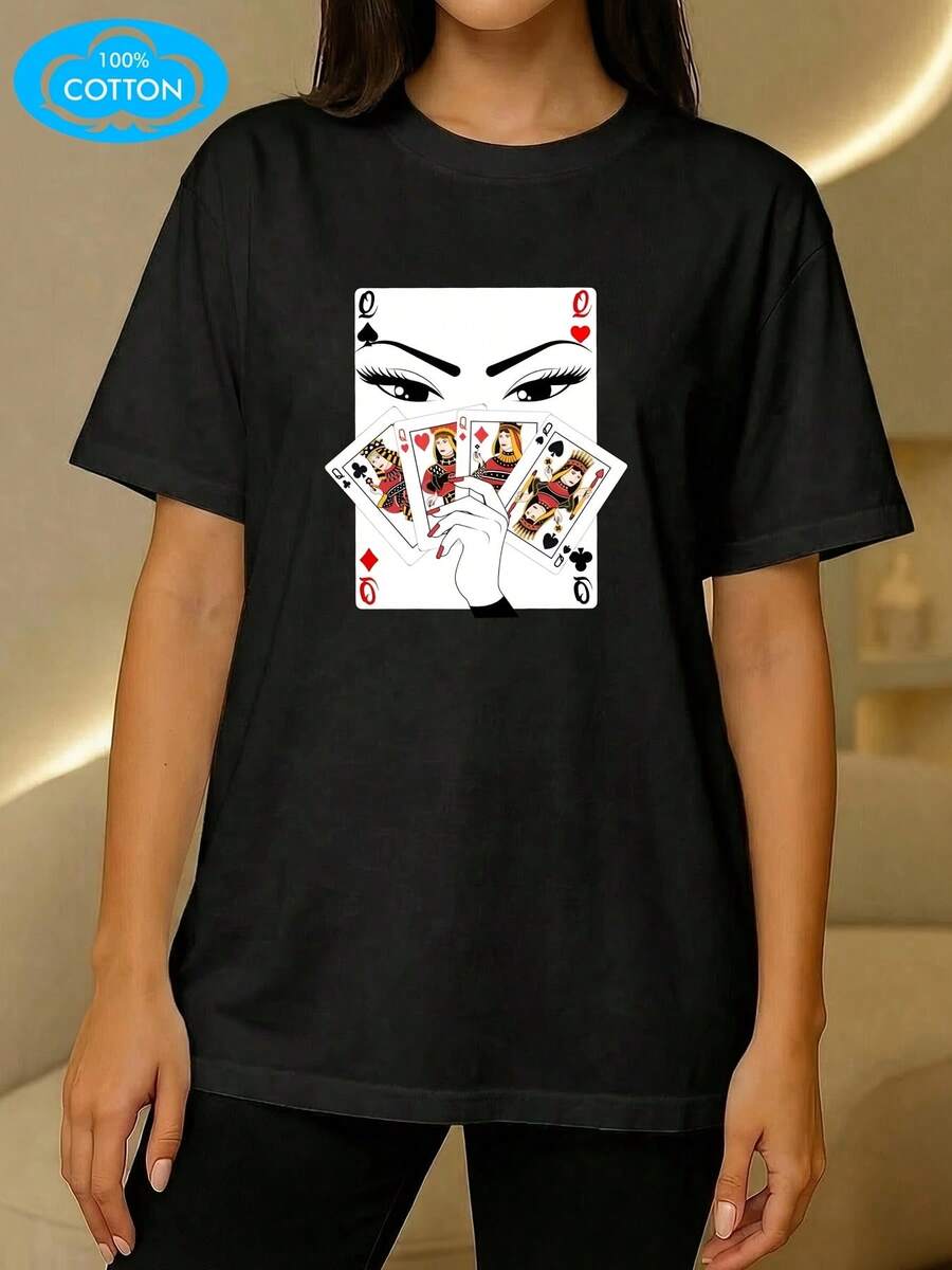 Women's 100% Cotton T-Shirt, Round Neck And Short Sleeve, With Queen Badge Print, Suitable For All Seasons, Loose, Comfortable, Breathable, Sweat-Absorbing, Casual Sporty Style, Pure Cotton Short Sleeve T-Shirt For Women. - 黑色 - 查看 1