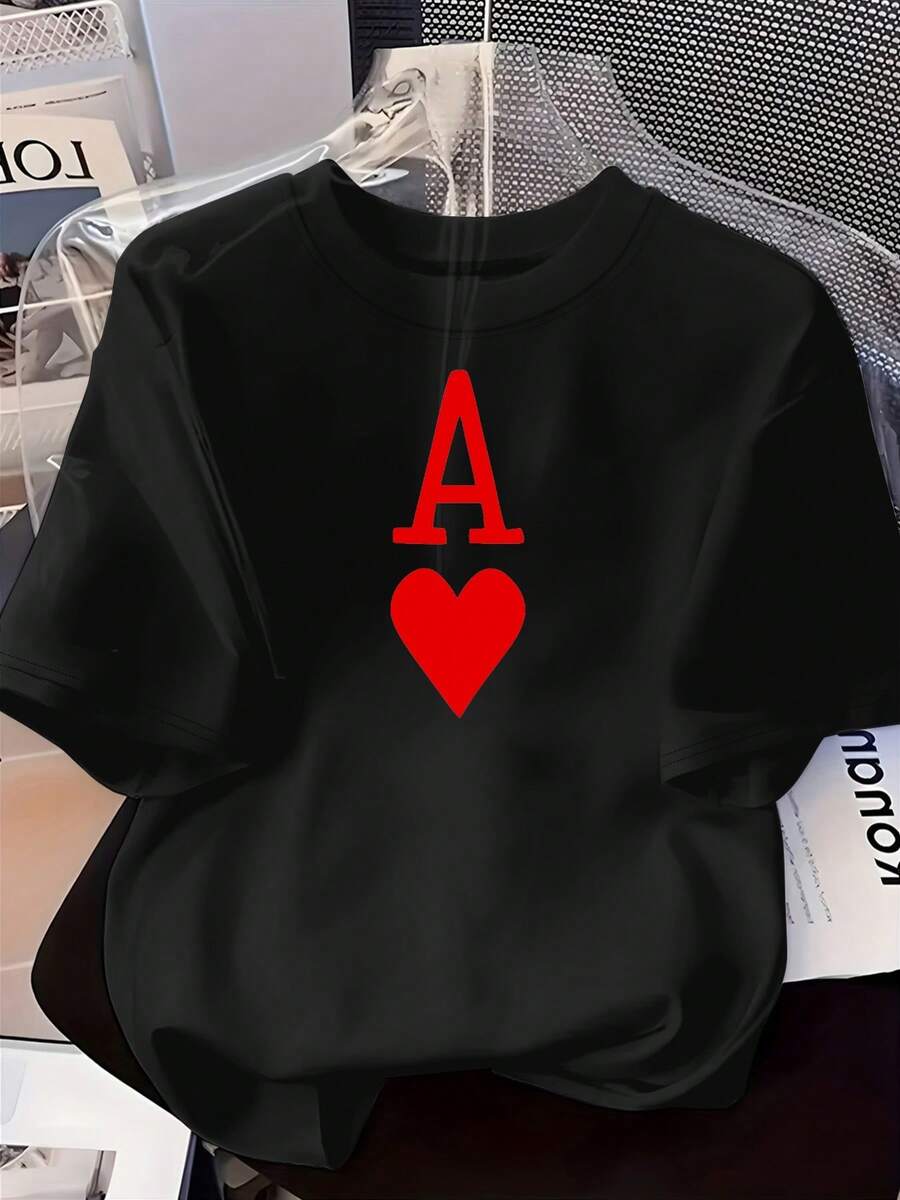 Women's T-Shirt, Short-Sleeved T-Shirt With Round Neck, 100% Machine Washable, Easy Care, Casual Design With Red Heart Prints And The Letter A In Playing Cards, New Summer Style 2026 For Daily Wear And Travel. - 黑色 - 查看 1