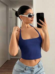 Camiseta de mujer de tirantes con cuello halter de unicolor - Azul marino - Ver 4