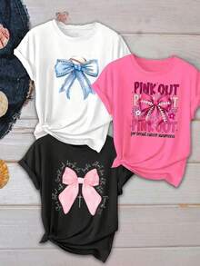 New 2026 Model: Women's Casual Short Sleeve T-Shirt, Pink Bow Print Design, Round Neck, 100% Cotton, Breathable, Casual Sports Top, Holiday Gift. - 白色 - 查看 6