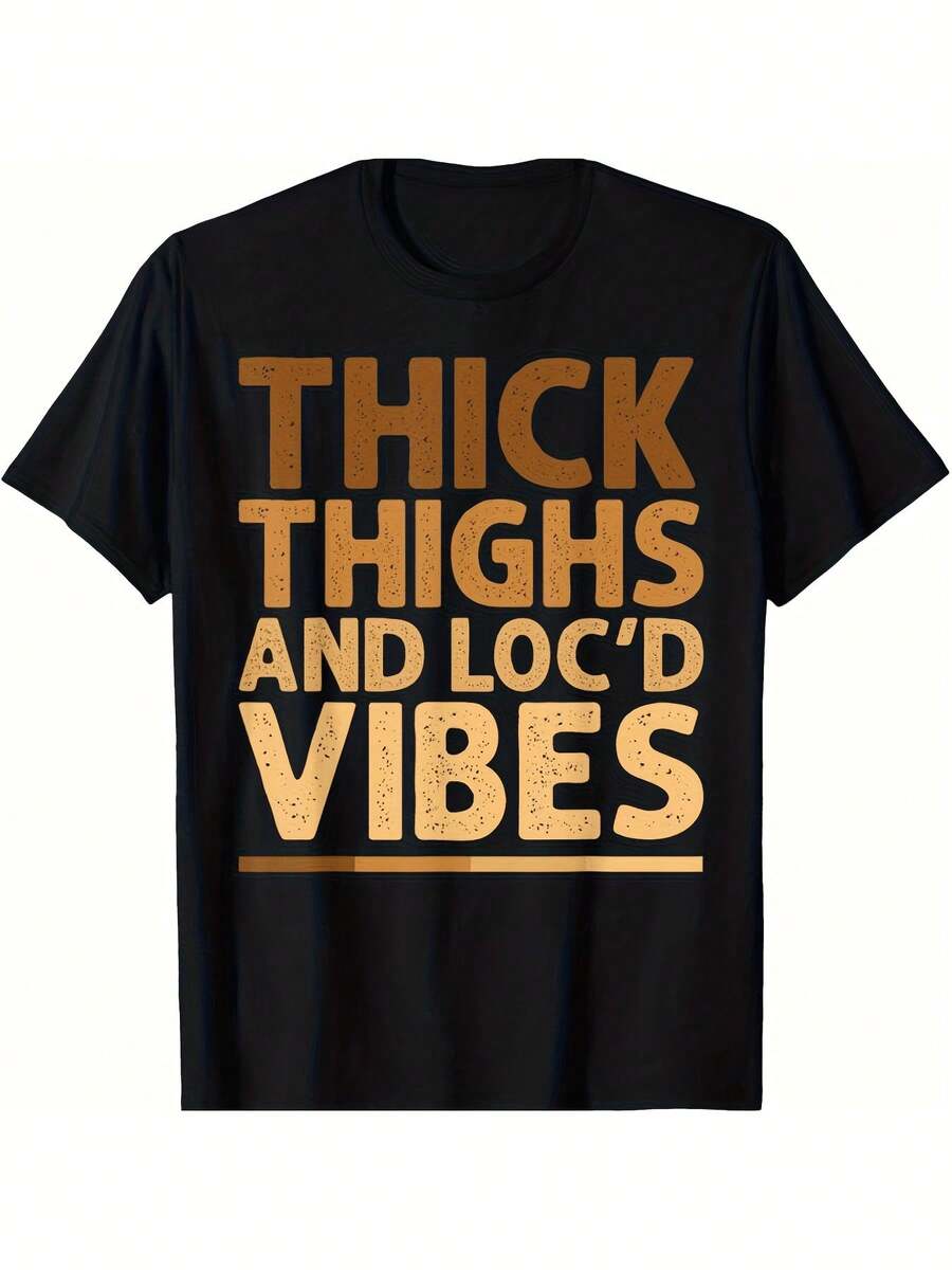 Unisex T-Shirt With An African Melanin Art Print Featuring Afro Curls, Thick Thigh-Length Braids, And A 'D Vibe' Design In Gold. This Casual Black T-Shirt Has Short Sleeves, A Crew Neck, A Slim Fit, And Is Made Of Thick Fabric, Making It Suitable For People With Afro Curls. It's The Perfect Mother's Day Gift For Mom With A Motherly Design. - 黑色 - 查看 1