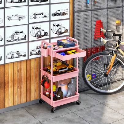 Multi-Function Rolling Storage Cart With Drawers, Heavy Duty Plastic Utility Cart With Lockable Swivel Wheels, Cup Holder And Side Hooks, Easy Assembly Mobile Storage Cart For Kitchen, Bathroom, Living Room