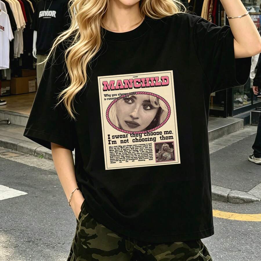 Sabrina Inspired Graphic T-Shirt, Unisex Retro Pop Style Graphic Print, Short Sleeves, Breathable, For Going Out And Concerts - Black - View 1