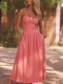 Spring 2026 Maxi Dress, Plain French Style With Straps, Fitted, Elegant - Pink - View 3