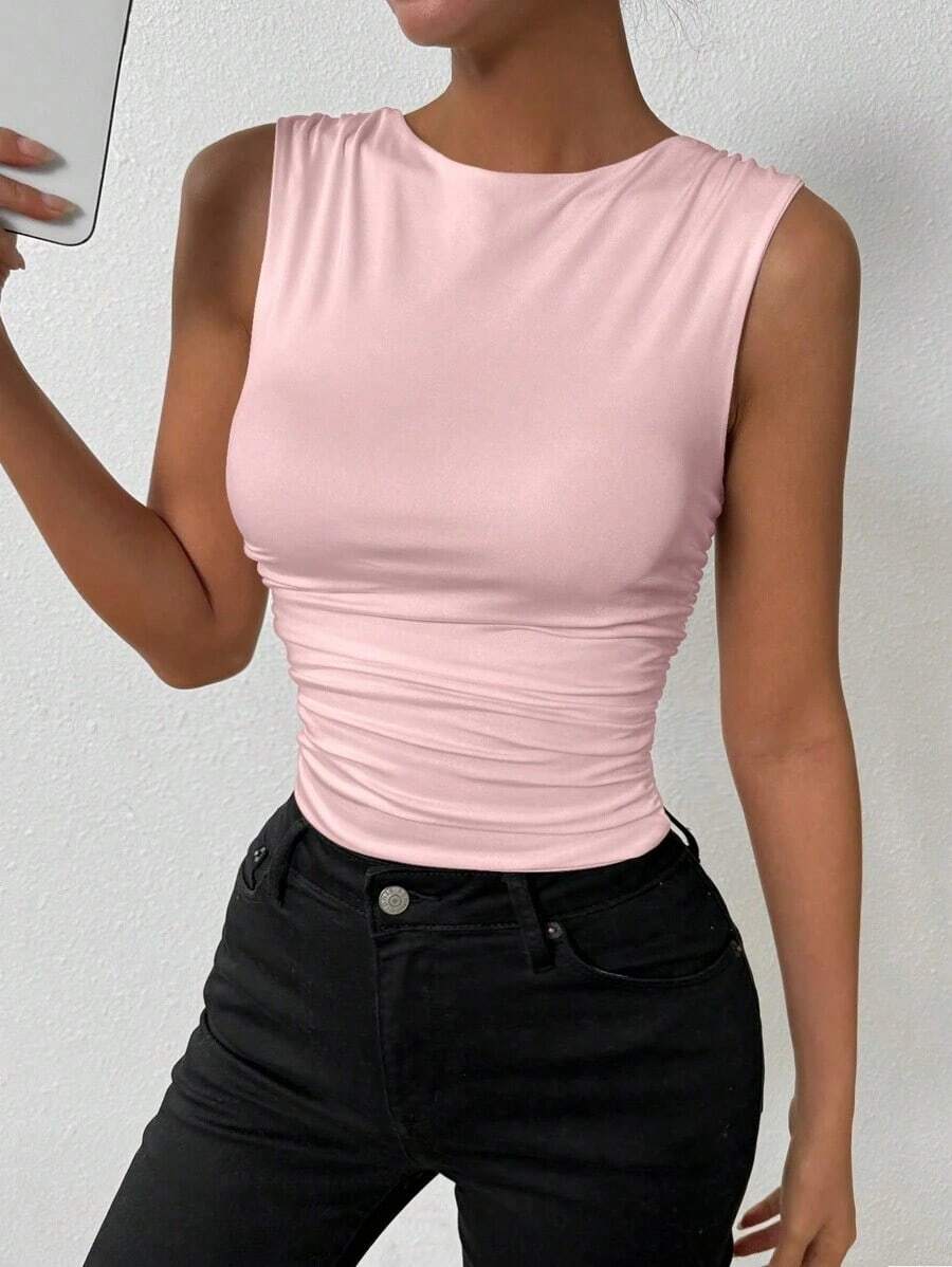 Camiseta de tirantes ajustada con cuello de tripulación y pliegues de unicolor de verano para mujer - Rosa Pálido - Ver 1