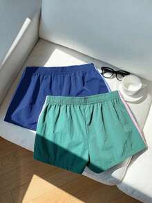 2 piezas Shorts casuales de estilo callejero para mujer con contraste de color en la cinta, shorts de lunares, verano - Multicolor 9 - Ver 2
