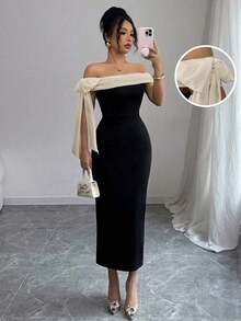Vestido largo elegante con hombros descubiertos y decoración de lazo - Negro 3 - Ver 7