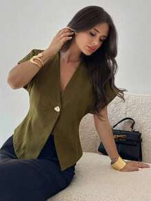 Blusa casual de manga murciélago asimétrica de unicolor mostaza, elegante, simple, estilosa y minimalista, versátil para el uso diario y el transporte, de alta gama, minimalista y desconstructiva, con manga de murciélago oversize y cuello en V de - Verde militar - Ver 4