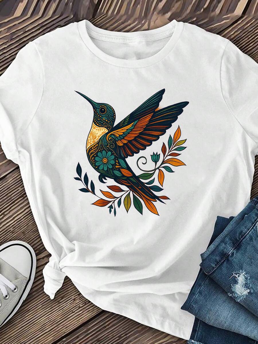 Casual Short-Sleeved T-Shirt With Bird And Lady Print, Women's Clothing, Casual Short-Sleeved Round Neck Top For Spring And Summer - 白色 - 查看 1