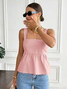 Camiseta de tirantes de algodón de unicolor casual para mujer - Rosa - Ver 4